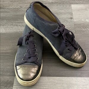 Lanvin Paris Sneakers Shoes Blue Denim Pewter Toe Cap Metallic Ribbon $595 7.5